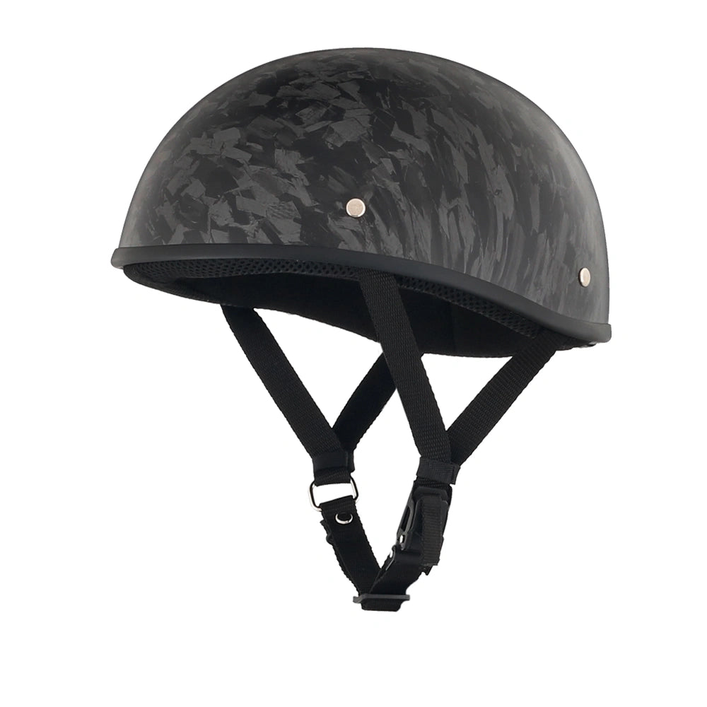 DOT-AUS-NZ Cartified - Lightweight - Reversible - Low Profile - SOA-Style - Motorcycle Biker Beanie Helmet - Black Carbon Fiber - BeanieHelmets  - with quick-release chin strap on a white background