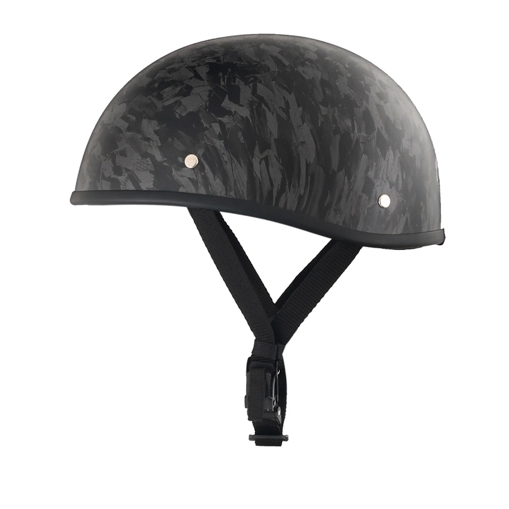 DOT-AUS-NZ Cartified - Lightweight - Reversible - Low Profile - SOA-Style - Motorcycle Biker Beanie Helmet - Black Carbon Fiber - BeanieHelmets  - with quick-release chin strap on a white background