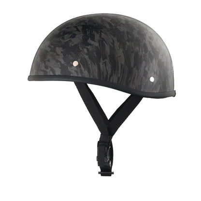 DOT-AUS-NZ Cartified - Lightweight - Reversible - Low Profile - SOA-Style - Motorcycle Biker Beanie Helmet - Black Carbon Fiber - BeanieHelmets  - with quick-release chin strap on a white background