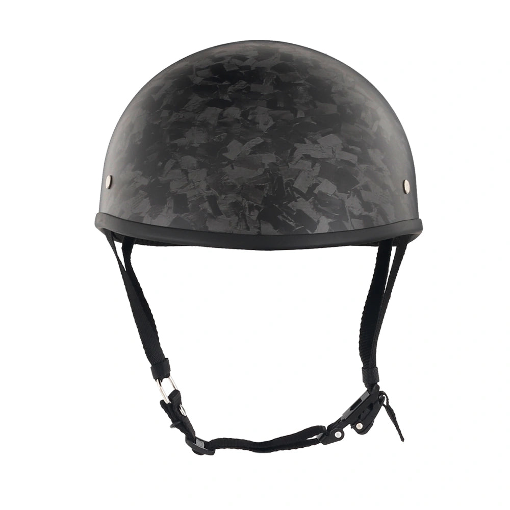 DOT-AUS-NZ Cartified - Lightweight - Reversible - Low Profile - SOA-Style - Motorcycle Biker Beanie Helmet - Black Carbon Fiber - BeanieHelmets  - with quick-release chin strap on a white background