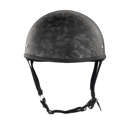 DOT-AUS-NZ Cartified - Lightweight - Reversible - Low Profile - SOA-Style - Motorcycle Biker Beanie Helmet - Black Carbon Fiber - BeanieHelmets  - with quick-release chin strap on a white background