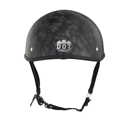 DOT-AUS-NZ Cartified - Lightweight - Reversible - Low Profile - SOA-Style - Motorcycle Biker Beanie Helmet - Black Carbon Fiber - BeanieHelmets  - with quick-release chin strap on a white background