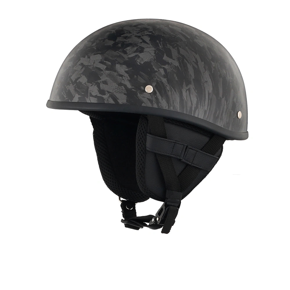 DOT-AUS-NZ Cartified - Lightweight - Reversible - Low Profile - SOA-Style - Motorcycle Biker Beanie Helmet - Black Carbon Fiber - BeanieHelmets  - with quick-release chin strap on a white background