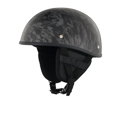 DOT-AUS-NZ Cartified - Lightweight - Reversible - Low Profile - SOA-Style - Motorcycle Biker Beanie Helmet - Black Carbon Fiber - BeanieHelmets  - with quick-release chin strap on a white background