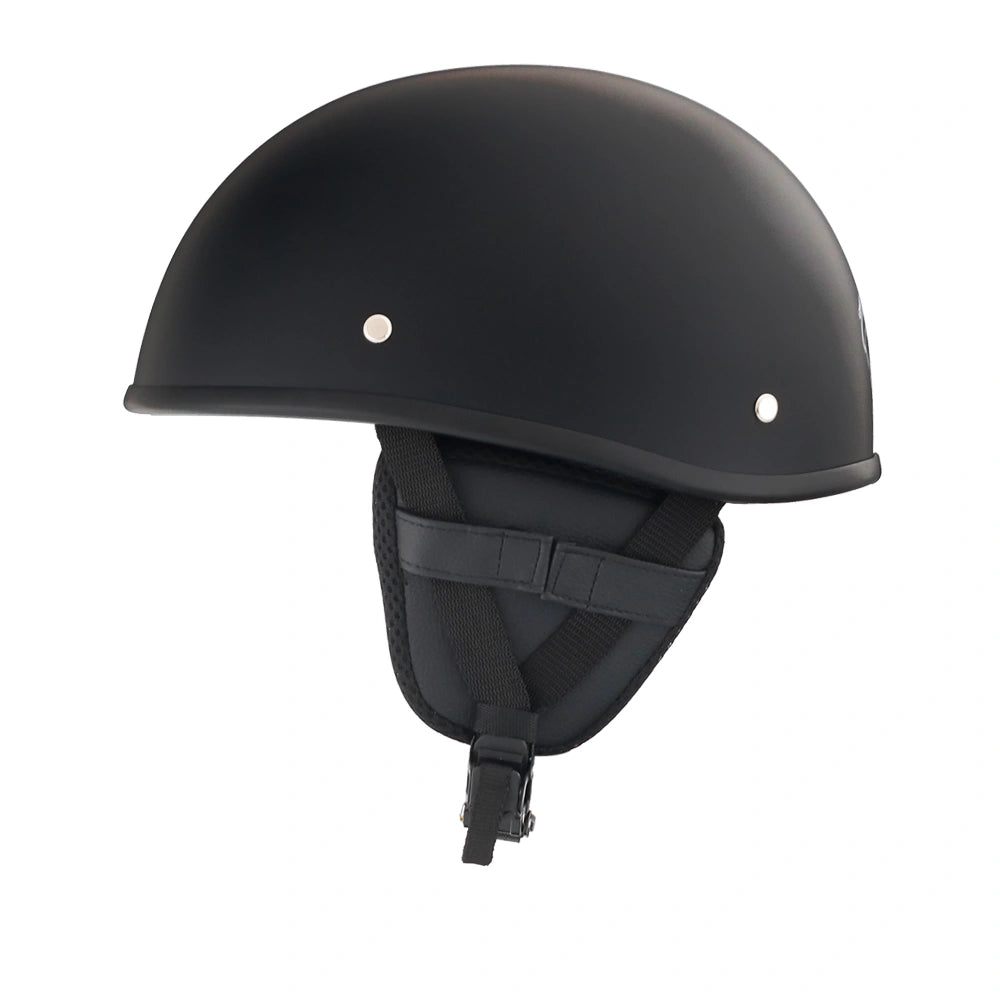 DOT-AUS-NZ Cartified - Lightweight - Reversible - Low Profile - SOA-Style - Motorcycle Biker Beanie Helmet - Matte Black - BeanieHelmets  - with quick-release chin strap on a white background