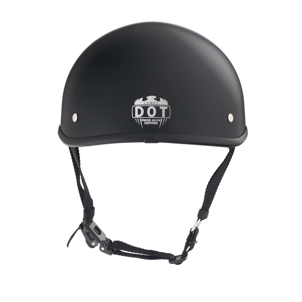 DOT-AUS-NZ Cartified - Lightweight - Reversible - Low Profile - SOA-Style - Motorcycle Biker Beanie Helmet - Matte Black - BeanieHelmets  - with quick-release chin strap on a white background