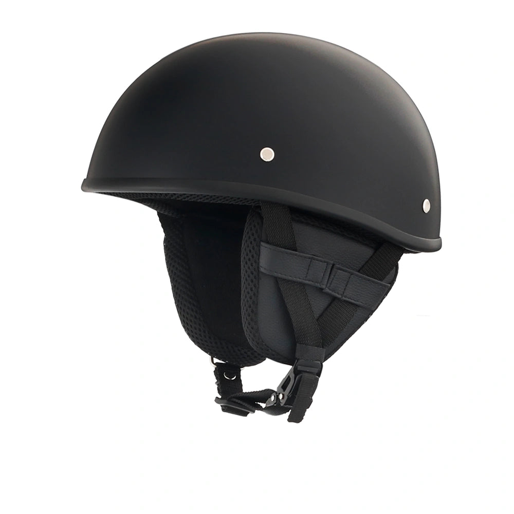 DOT-AUS-NZ Cartified - Lightweight - Reversible - Low Profile - SOA-Style - Motorcycle Biker Beanie Helmet - Matte Black - BeanieHelmets  - with quick-release chin strap on a white background