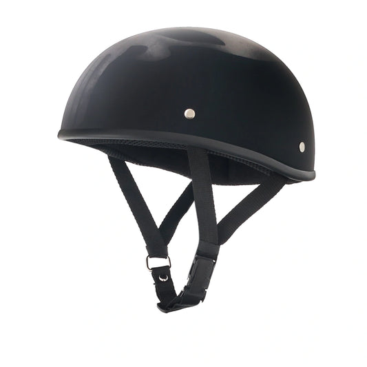 DOT-AUS-NZ Cartified - Lightweight - Reversible - Low Profile - SOA-Style - Motorcycle Biker Beanie Helmet - Skull Black - BeanieHelmets  - with quick-release chin strap on a white background