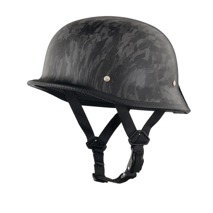 DOT-AUS-NZ Cartified - Lightweight - Reversible - Low Profile - Mayan-Germanator - Style - Motorcycle Biker Beanie Helmet - Black Carbon Fiber - BeanieHelmets  - with quick-release chin strap on a white background