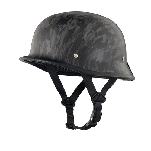 DOT-AUS-NZ Cartified - Lightweight - Reversible - Low Profile - Mayan-Germanator - Style - Motorcycle Biker Beanie Helmet - Black Carbon Fiber - BeanieHelmets  - with quick-release chin strap on a white background