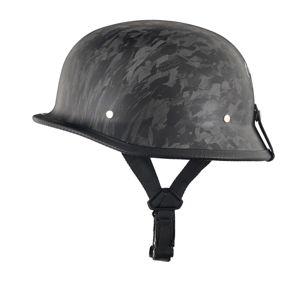 DOT-AUS-NZ Cartified - Lightweight - Reversible - Low Profile - Mayan-Germanator - Style - Motorcycle Biker Beanie Helmet - Black Carbon Fiber - BeanieHelmets  - with quick-release chin strap on a white background