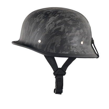 DOT-AUS-NZ Cartified - Lightweight - Reversible - Low Profile - Mayan-Germanator - Style - Motorcycle Biker Beanie Helmet - Black Carbon Fiber - BeanieHelmets  - with quick-release chin strap on a white background