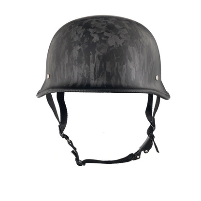 DOT-AUS-NZ Cartified - Lightweight - Reversible - Low Profile - Mayan-Germanator - Style - Motorcycle Biker Beanie Helmet - Black Carbon Fiber - BeanieHelmets  - with quick-release chin strap on a white background