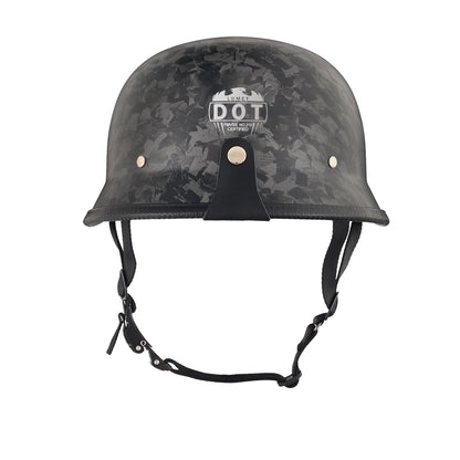 DOT-AUS-NZ Cartified - Lightweight - Reversible - Low Profile - Mayan-Germanator - Style - Motorcycle Biker Beanie Helmet - Black Carbon Fiber - BeanieHelmets  - with quick-release chin strap on a white background