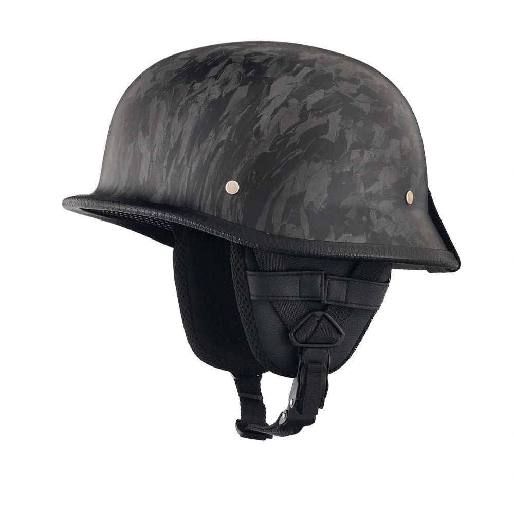 DOT-AUS-NZ Cartified - Lightweight - Reversible - Low Profile - Mayan-Germanator - Style - Motorcycle Biker Beanie Helmet - Black Carbon Fiber - BeanieHelmets  - with quick-release chin strap on a white background