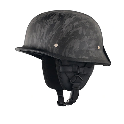 DOT-AUS-NZ Cartified - Lightweight - Reversible - Low Profile - Mayan-Germanator - Style - Motorcycle Biker Beanie Helmet - Black Carbon Fiber - BeanieHelmets  - with quick-release chin strap on a white background