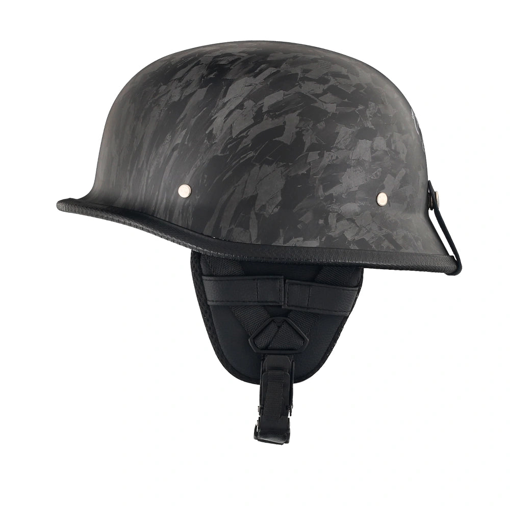 DOT-AUS-NZ Cartified - Lightweight - Reversible - Low Profile - Mayan-Germanator - Style - Motorcycle Biker Beanie Helmet - Black Carbon Fiber - BeanieHelmets  - with quick-release chin strap on a white background