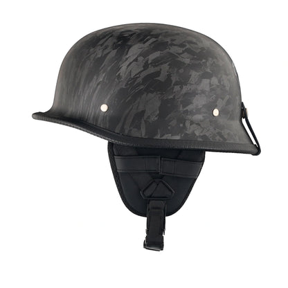 DOT-AUS-NZ Cartified - Lightweight - Reversible - Low Profile - Mayan-Germanator - Style - Motorcycle Biker Beanie Helmet - Black Carbon Fiber - BeanieHelmets  - with quick-release chin strap on a white background