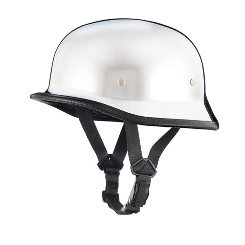 DOT-AUS-NZ Cartified - Lightweight - Reversible - Low Profile - Mayan-Germanator - Style - Motorcycle Biker Beanie Helmet - Chrome - BeanieHelmets  - with quick-release chin strap on a white background