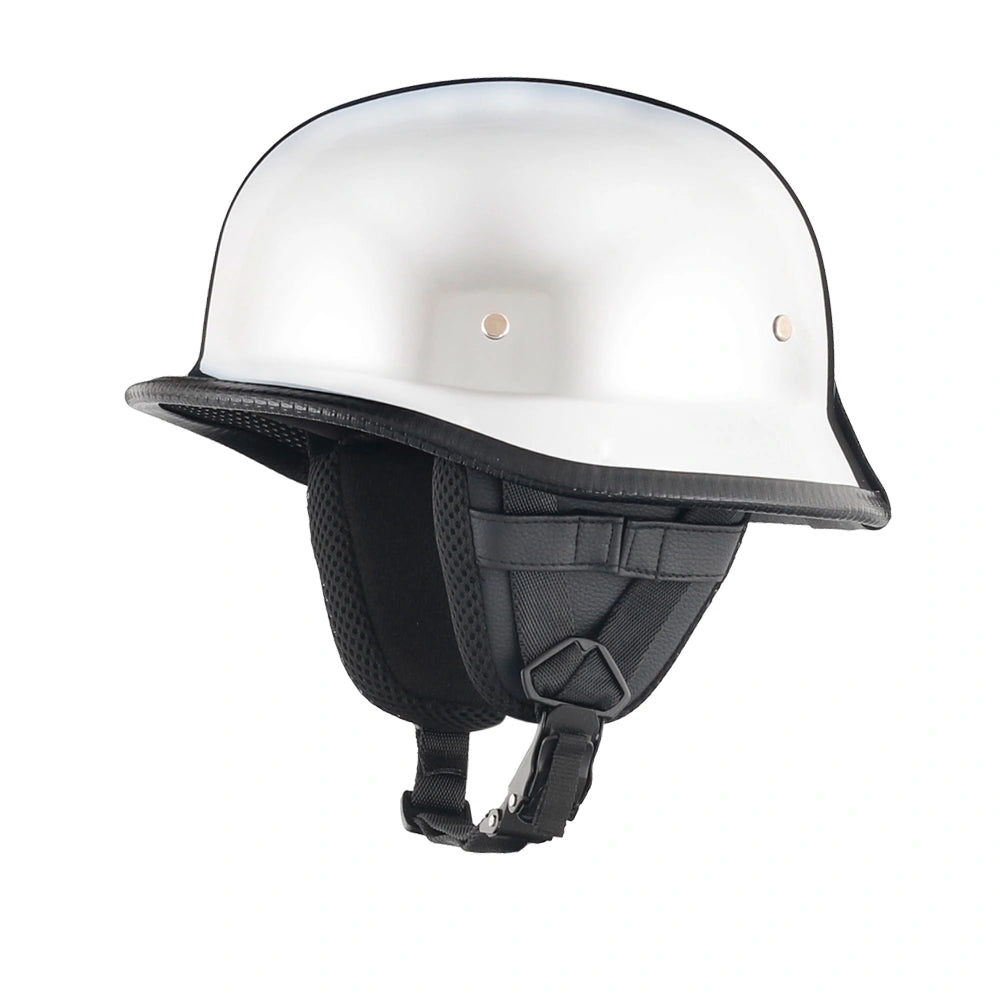 DOT-AUS-NZ Cartified - Lightweight - Reversible - Low Profile - Mayan-Germanator - Style - Motorcycle Biker Beanie Helmet - Chrome - BeanieHelmets  - with quick-release chin strap on a white background