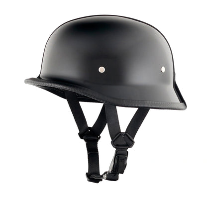 DOT-AUS-NZ Cartified - Lightweight - Reversible - Low Profile - Mayan-Germanator - Style - Motorcycle Biker Beanie Helmet - Gloss Black - BeanieHelmets  - with quick-release chin strap on a white background