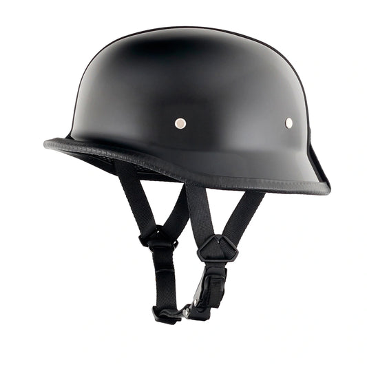 DOT-AUS-NZ Cartified - Lightweight - Reversible - Low Profile - Mayan-Germanator - Style - Motorcycle Biker Beanie Helmet - Gloss Black - BeanieHelmets  - with quick-release chin strap on a white background