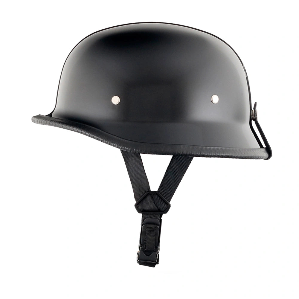 DOT-AUS-NZ Cartified - Lightweight - Reversible - Low Profile - Mayan-Germanator - Style - Motorcycle Biker Beanie Helmet - Gloss Black - BeanieHelmets  - with quick-release chin strap on a white background