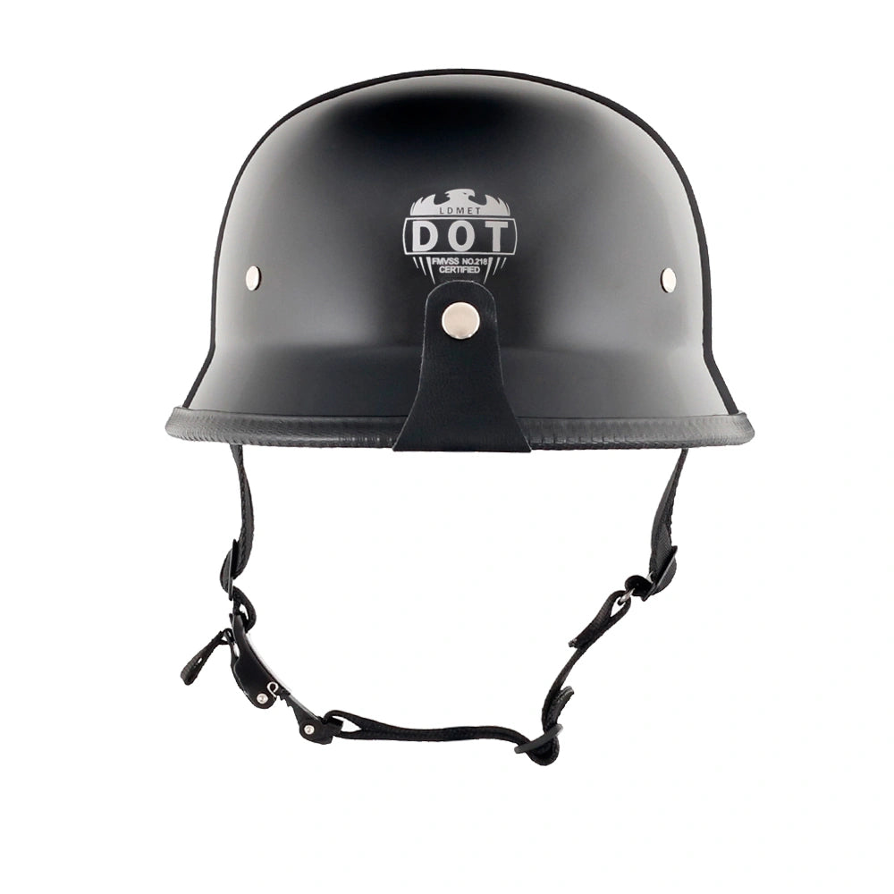 DOT-AUS-NZ Cartified - Lightweight - Reversible - Low Profile - Mayan-Germanator - Style - Motorcycle Biker Beanie Helmet - Gloss Black - BeanieHelmets  - with quick-release chin strap on a white background