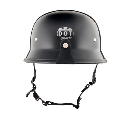 DOT-AUS-NZ Cartified - Lightweight - Reversible - Low Profile - Mayan-Germanator - Style - Motorcycle Biker Beanie Helmet - Gloss Black - BeanieHelmets  - with quick-release chin strap on a white background
