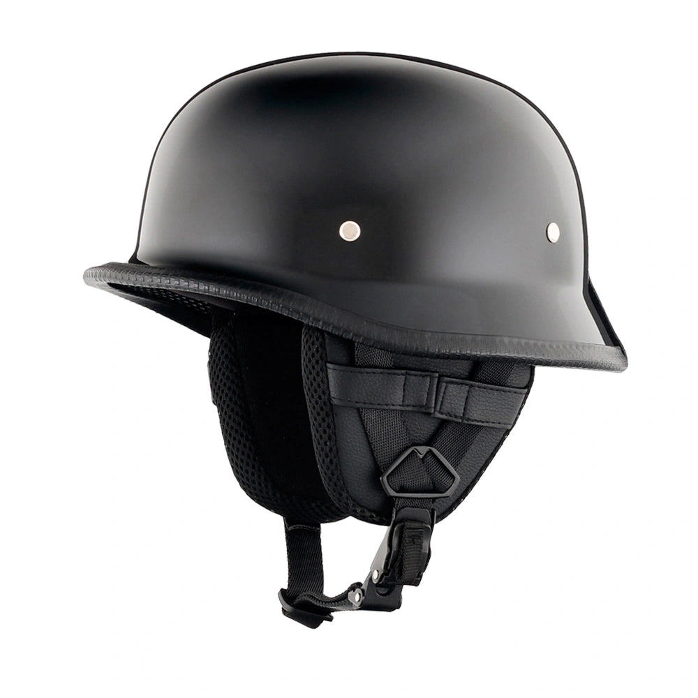 DOT-AUS-NZ Cartified - Lightweight - Reversible - Low Profile - Mayan-Germanator - Style - Motorcycle Biker Beanie Helmet - Gloss Black - BeanieHelmets  - with quick-release chin strap on a white background