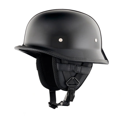 DOT-AUS-NZ Cartified - Lightweight - Reversible - Low Profile - Mayan-Germanator - Style - Motorcycle Biker Beanie Helmet - Gloss Black - BeanieHelmets  - with quick-release chin strap on a white background
