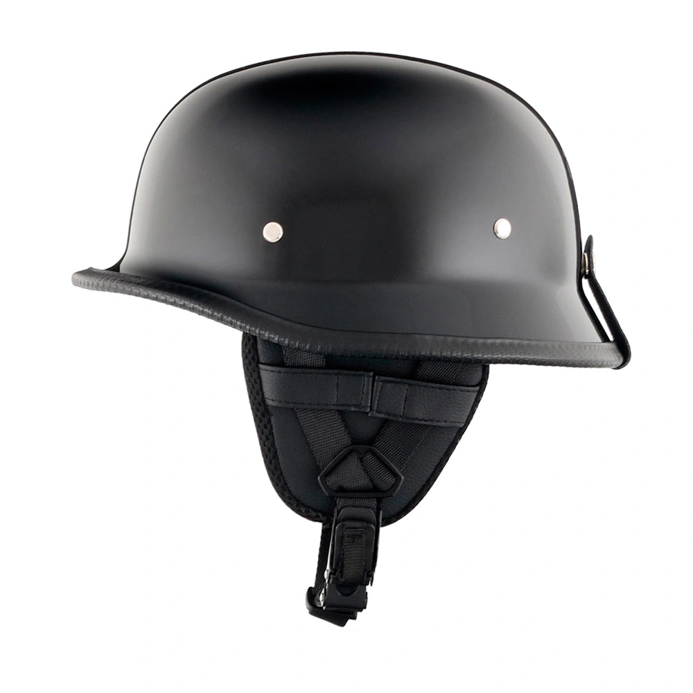 DOT-AUS-NZ Cartified - Lightweight - Reversible - Low Profile - Mayan-Germanator - Style - Motorcycle Biker Beanie Helmet - Gloss Black - BeanieHelmets  - with quick-release chin strap on a white background