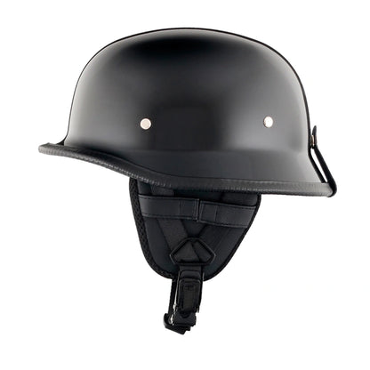 DOT-AUS-NZ Cartified - Lightweight - Reversible - Low Profile - Mayan-Germanator - Style - Motorcycle Biker Beanie Helmet - Gloss Black - BeanieHelmets  - with quick-release chin strap on a white background
