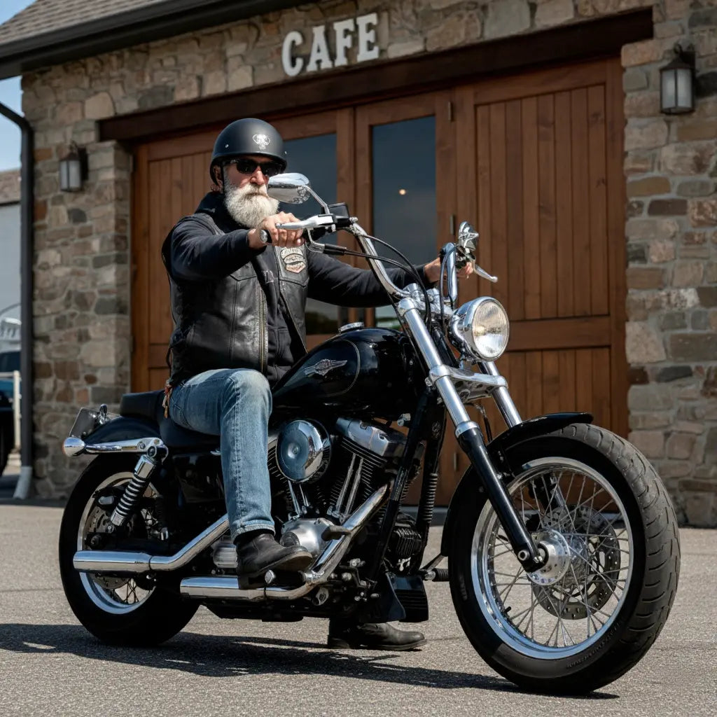 Man riding a motorcycle wearing a beanie helmet from beaniehelmets.com, - better quality than Crazy Al's biker helmet.  