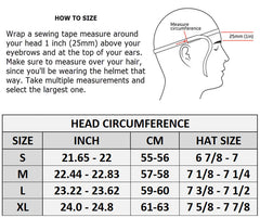 Helmet size chart with head measurement instructions and a diagram of how to measure head circumference for BASEBALL CAP beanie half helmets.