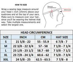 Helmet size chart with head measurement instructions and a diagram of how to measure head circumference for beanie half helmets.